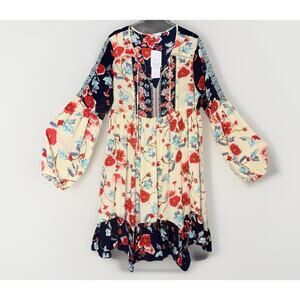 NWT Patrons of Peace LG Asymmetrical Mini Dress Babydoll Mix Floral Boho Peasant